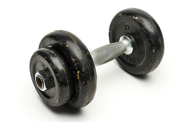 Fototapeta premium Old metal dumbbell with visible wear and rust, isolated on a white background, fitness equipment.