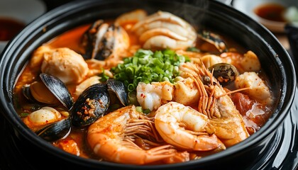 Spicy Seafood Stew in Black Pot