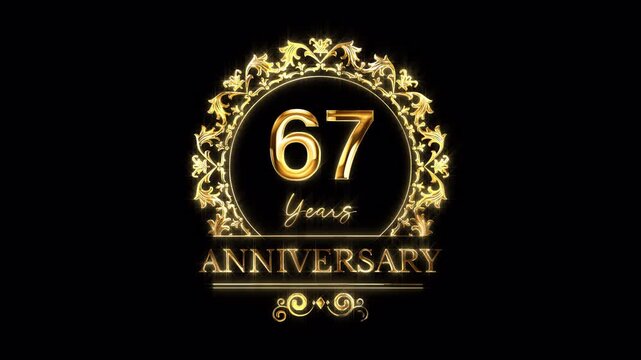 67th Anniversary Celebration. Happy 67 Years Anniversary Animation in Gold Color on the Transparent Background, Alpha Channel. Great for greetings, celebrations, events, and gifts.