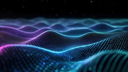 An abstract of technology, science, and computing in the quantum world. A display graphics panel showing a prototype of a technical and data structure of big data. A public grid and source code.
