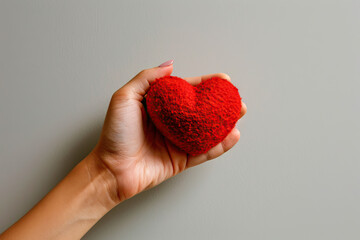 Hand Holding a Red Heart Against a Grey Background, Symbolizing Love and Care