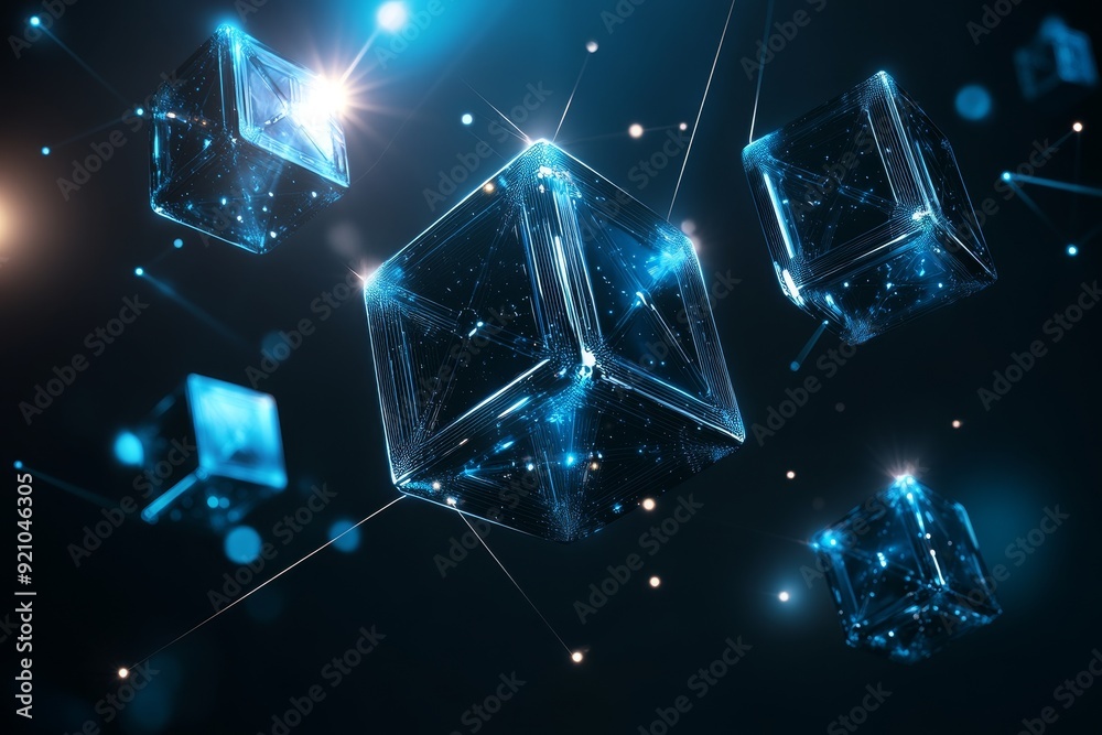 Poster abstract blue background. 3d rendering, big data flow in cyber blockchain fields with blue network s