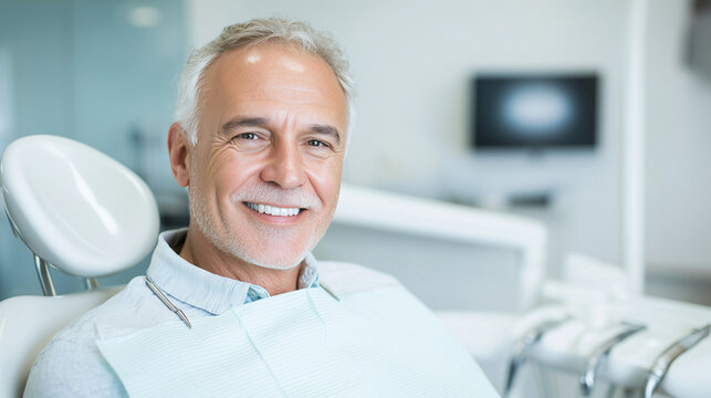 Portrait of a smiling senior man sitting in a dentist’s chair, looking at the camera in a dental office. This image highlights the satisfaction of a male patient after receiving tr