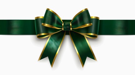 Dark green ribbon and bow with golden edges on a white background.