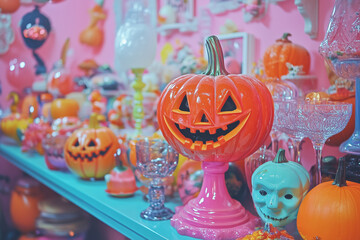 Colorful Halloween Decorations with Ceramic Jack-o'-Lanterns and Skull in Retro Style