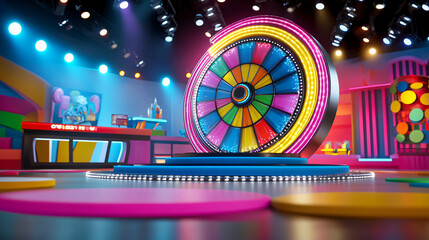 game show stage with big spinning wheel and vibrant neon colors, 3D render