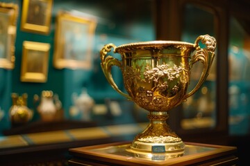 The World Cup trophy elegantly displayed in an art museum, showcasing its significance in sports history and culture, The prestige of a golden trophy in a museum exhibit, AI generated
