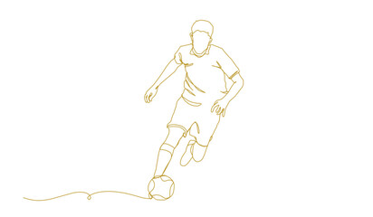 continuous line drawing of soccer player shooting vector illustration. Single one line art of young man playing soccer ball template.