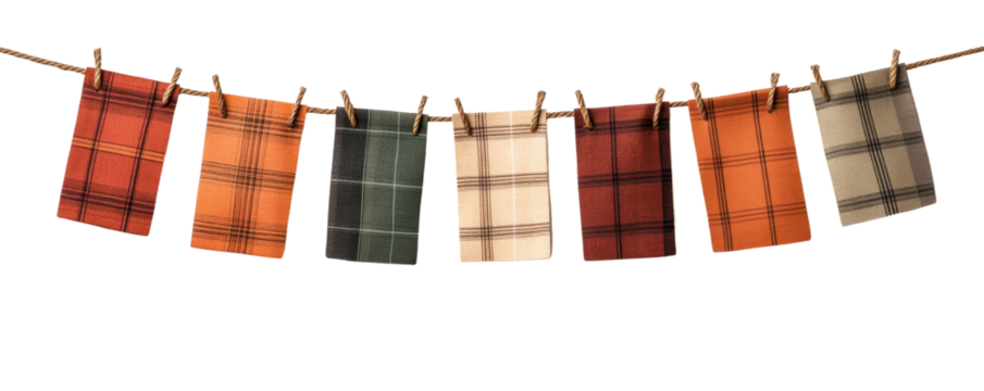 Colorful plaid fabric pieces hanging on a line, showcasing a warm autumn palette for cozy home decor and seasonal vibes.