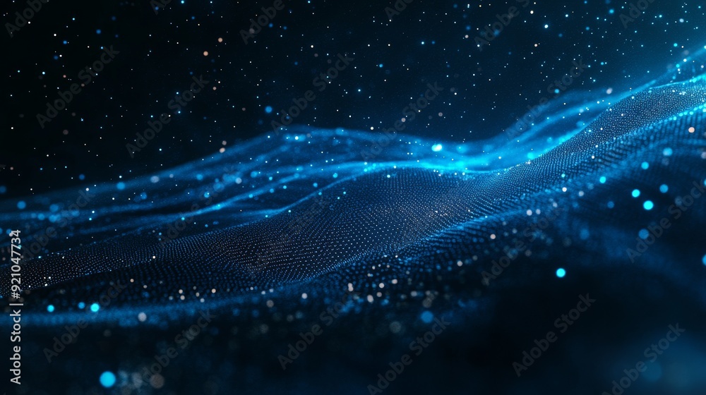 Poster big data visualization with a dynamic wave of particles. 3d renderings. abstract blue background.