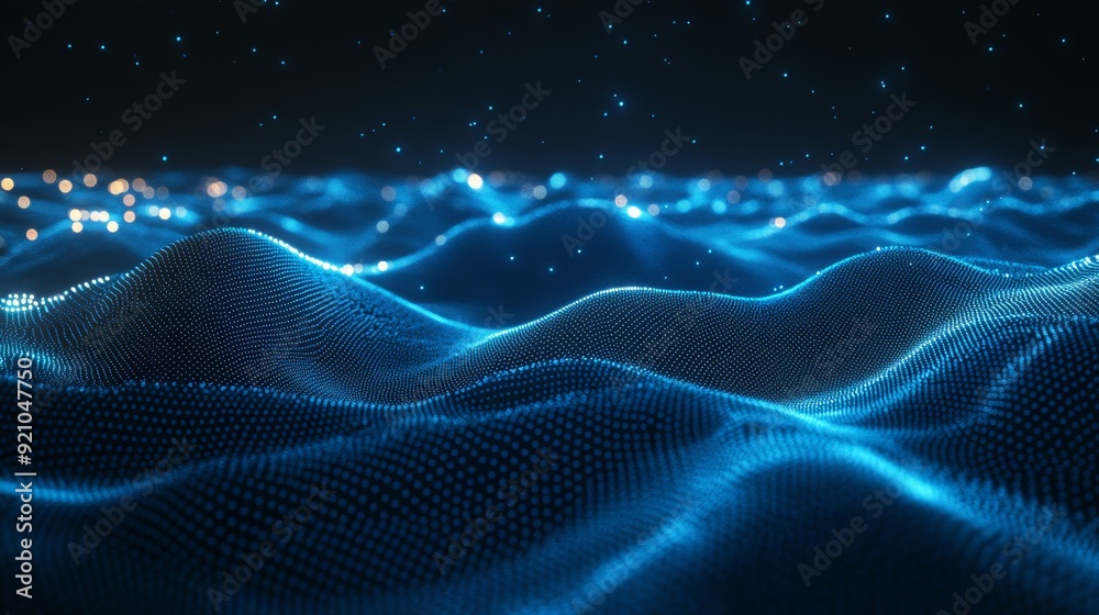 Poster 3d rendering of a wave of particles on an abstract blue background. visualization of big data.