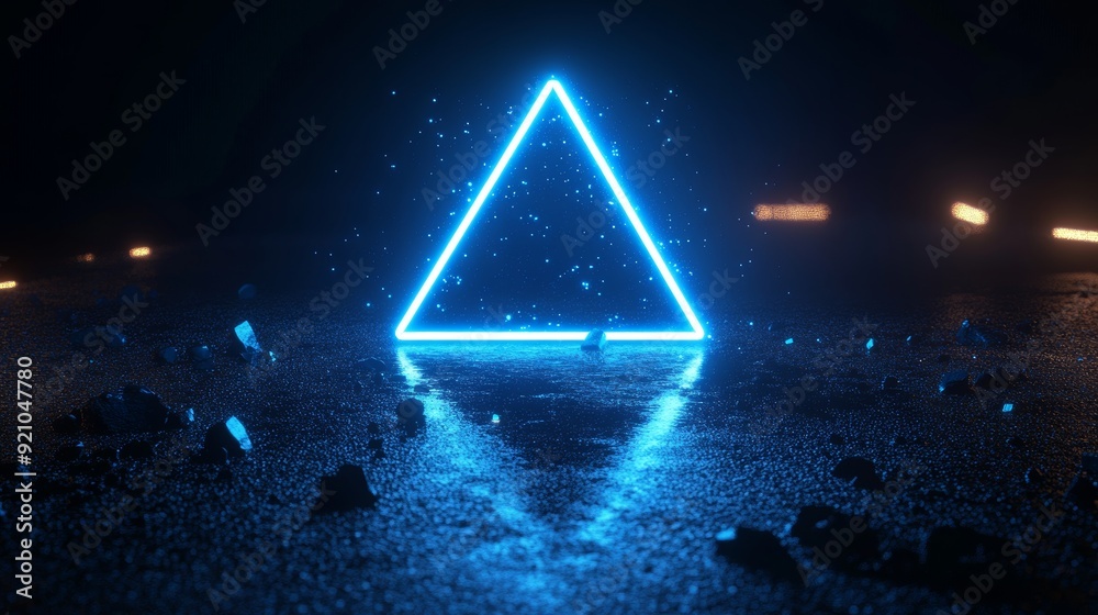Poster featuring a digital portal with a triangular shape and bright lines. a futuristic technology backgro