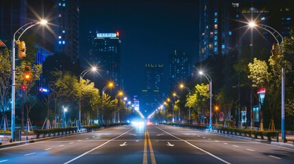 A smart city street at night, illuminated by energy-efficient LED lights that adjust brightness based on pedestrian activity.