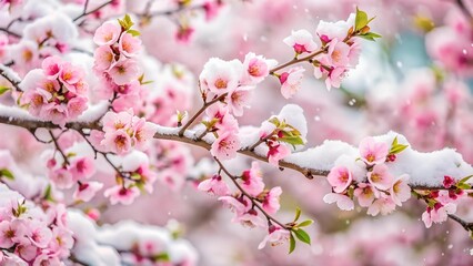 Obraz premium Ephemeral Embrace: A Spring Blossom Tree Bathed in Winter's Grace Generative AI