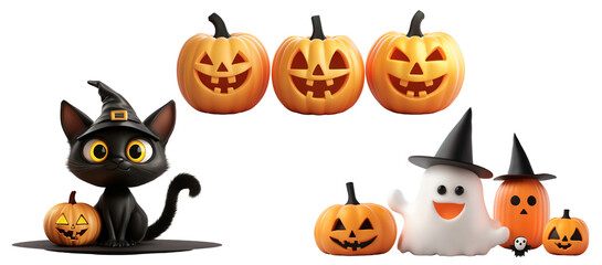 Festive Halloween Set with Cute Black Cat, Pumpkin, and Ghost 3D Render on Transparent Background