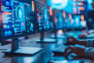 Digital devices displaying online lectures, students participating in discussions through video conferencing, distance learning breaking barriers