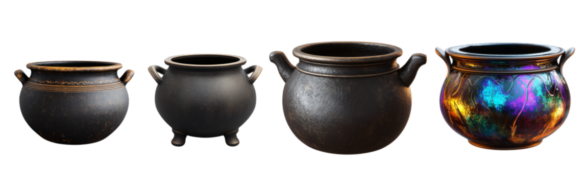 Set of Glowing Cauldron with Halloween Theme Handle in 3D Render Isolated on Transparent Background