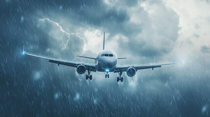 An airline plane caught in a turbulent storm, with rain pouring and blue lightning striking the cloudy sky, highlighting the intense and risky nature of flying in hazardous weather