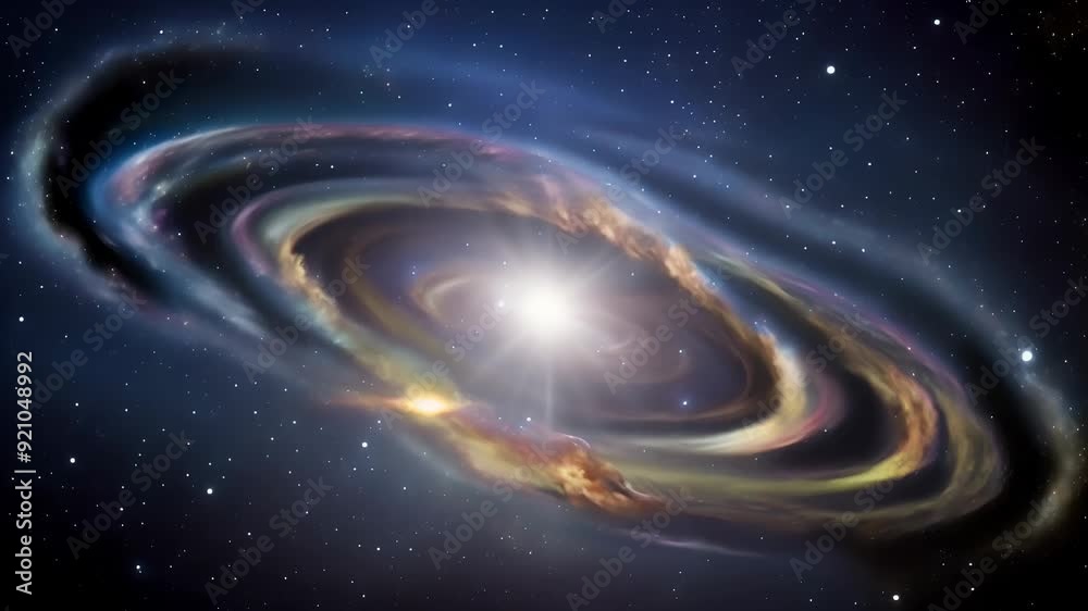 Wall mural video of warped spiral galaxy with colorful cosmic clouds and bright central core, concept: dynamic 