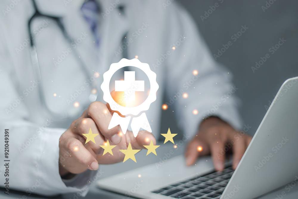 Wall mural concept of rating of medical services on the internet concept.button healthcare key rating on virtua