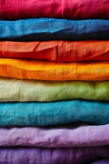 Stack of folded clean colorful linen clothes. Stack of clean linen bright colored cloth.