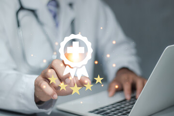 Concept of rating of medical services on the Internet concept.Button healthcare key rating on...