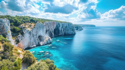 Obraz premium Lush Green Cliffs Overlooking Crystal Clear Ocean Waters