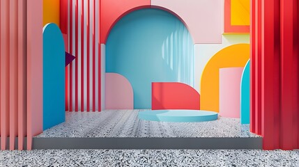 Colorful geometric architecture with vibrant shapes, arches, and playful design. Modern abstract background in pastel red, blue, and yellow tones for creative art and visual inspiration.