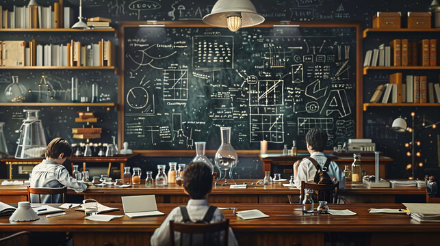 Mathematical equations filling chalkboards, students solving problems with focus, science labs conducting experiments, literature books stacked on desks