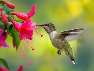 Obraz premium Hummingbird Feeding on Pink Flowers Against Green Background
