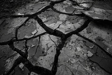 A grayscale image of cracked earth, capturing the detailed fissures and the desolation of a dry landscape, The ground cracked and split open, AI generated