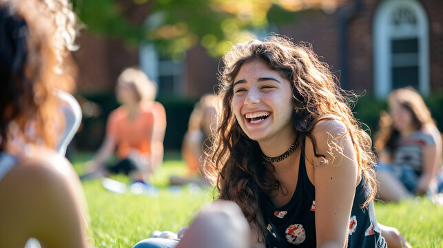 Students laughing and chatting on campus lawns, participating in extracurricular activities, clubs showcasing their interests, university traditions celebrated