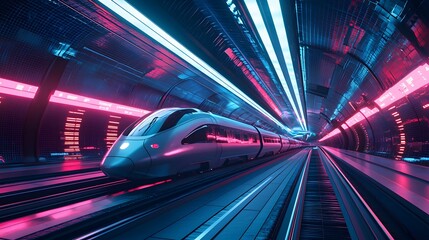 Fototapeta premium Futuristic high-speed train traveling through an illuminated tunnel with neon lights, showcasing modern transport technology and innovation.