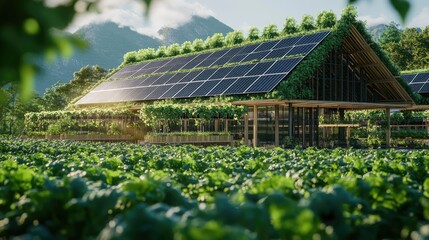 Modern farm with solar panels. innovative  agriculture. eco farming