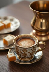 Traditional porcelain cups filled with frothy Turkish coffee.