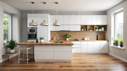 A Minimalist Kitchen Oasis: A Sanctuary of White and Wood  Generative AI