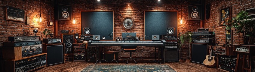 Modern music studio with soundproof walls bright lights and comfortable equipment. Concept Music Production, Soundproof Walls, Bright Lights, Comfortable Equipment, Modern Studio