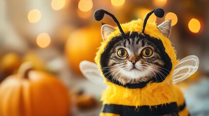 A cat in a bee costume is standing in front of a pile of pumpkins. The scene has a playful and whimsical mood, as the cat is dressed up in a costume and surrounded by fall decorations