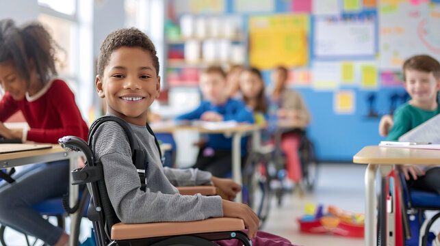 Inclusive classrooms with diverse students, special education teachers providing individualized support, students using assistive technologies, accessibility features integrated