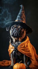 Obraz premium A dog is wearing a black hat and an orange cape. The dog is sitting on a table with a pumpkin