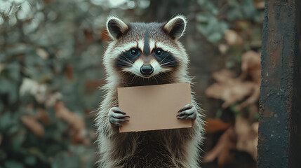 Fototapeta premium Funny raccoon holding an blank cardboard in his paws