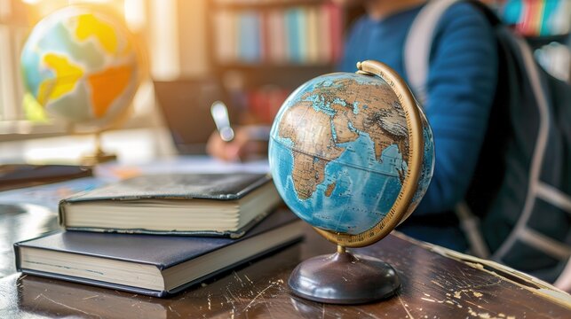 Global education, study abroad, international educational student academic program concept with world globe, textbook and black school teacher