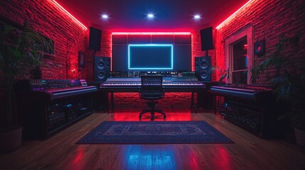 Modern music studio with soundproof walls bright lights and comfortable equipment. Concept Music Production, Soundproof Walls, Bright Lights, Comfortable Equipment, Modern Studio