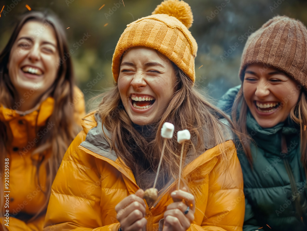 Poster Three women are sitting together, laughing and enjoying marshmallows. They are wearing warm jackets and hats, and the atmosphere is cheerful and lighthearted