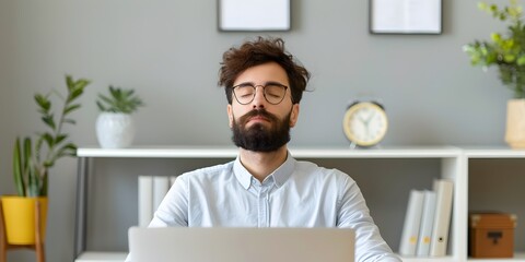 Businessman Working Ergonomically on Laptop in Minimalist Office Space with Copy Space
