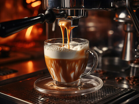 Gorgious Talanted barista is prepairing coffee for clients at posh restaurant using coffee machine.