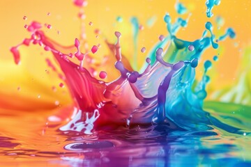 Fototapeta premium A dynamic splash of water in vivid colors, complemented by a bright rainbow background, creating a joyful atmosphere, Random splashes of color that create interest, AI generated