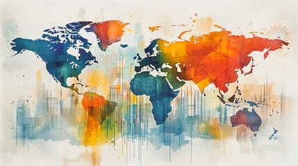 watercolor of Abstract with pastel colorful charts and graphs with statistics to analyze business potential and forecast future development of companies growth. with word map.