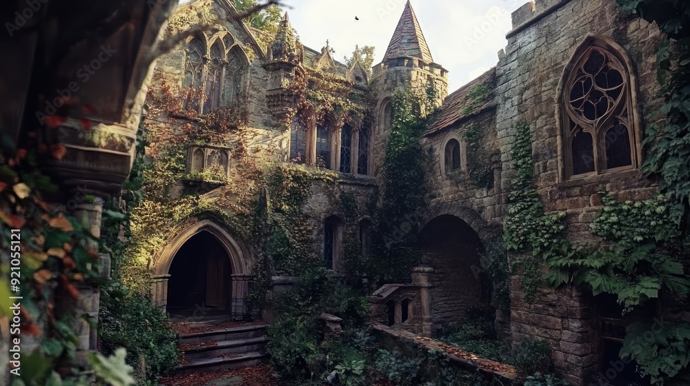 Sticker Overgrown Stone Mansion Entrance with Tower