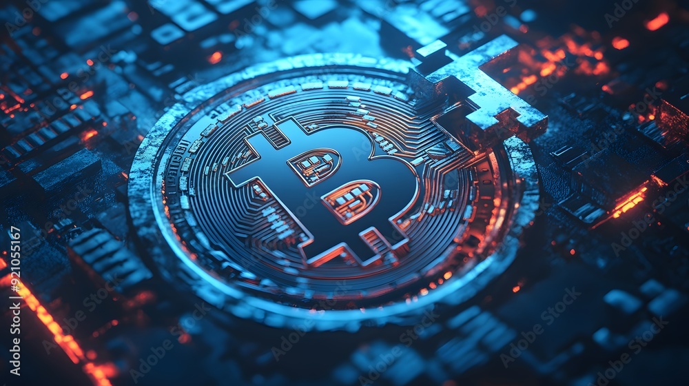 Wall mural 30. a digital lock and key with bitcoin symbols representing security